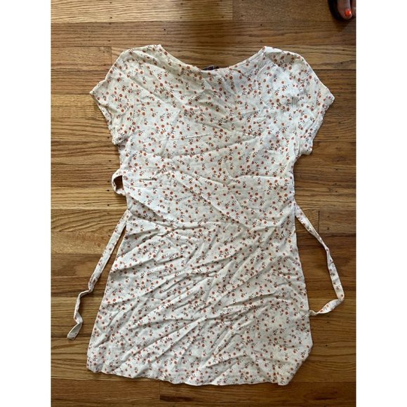 80s-90s Calico Cottagecore Short Sleeve Mini Dress Rayon with Belt - Picture 2 of 5